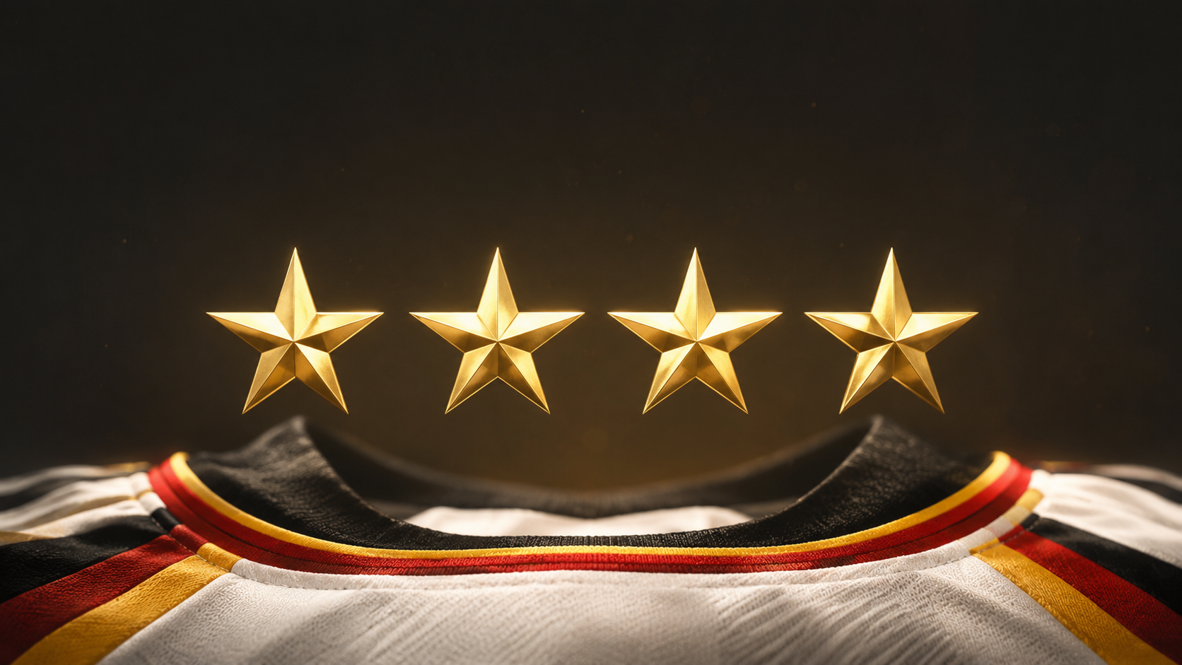 Vier goldene Sterne über einem Deutschland-Trikot stehen für die Frage: Wann war Deutschland Fußballweltmeister?